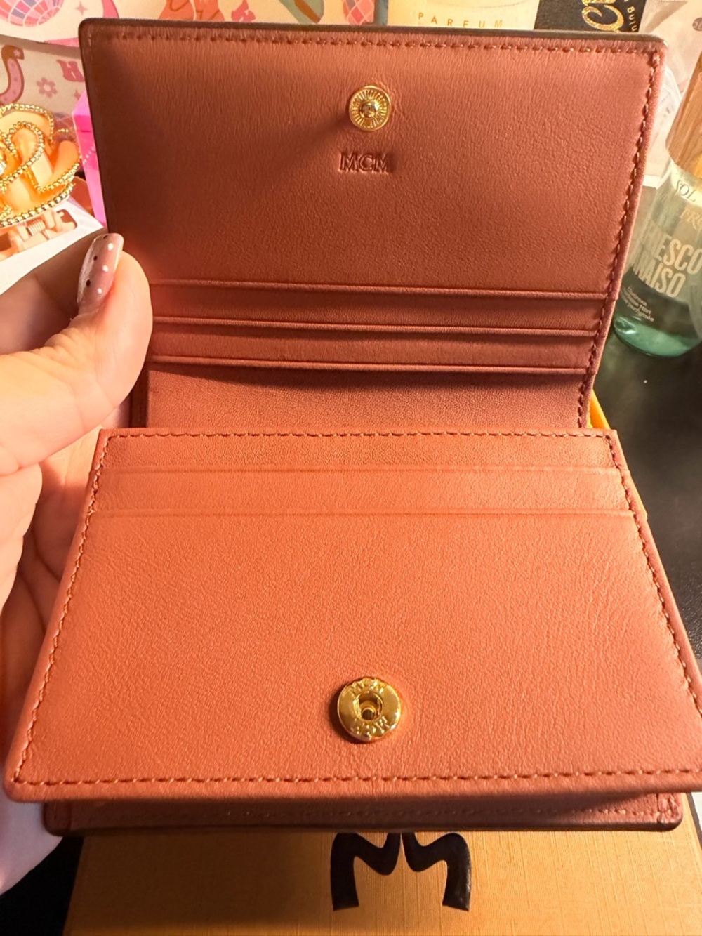 MCM Cognac Leather Envelope Wallet with Gold Logo - Picture 6 of 8